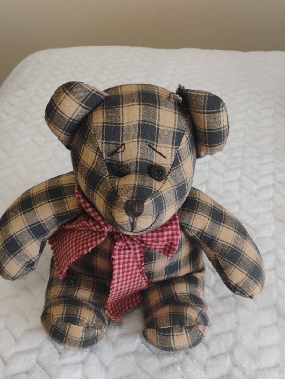 Plaid Bear Accent Pillow in Tan & Black with Red Gingham Bow - Picture 2 of 5